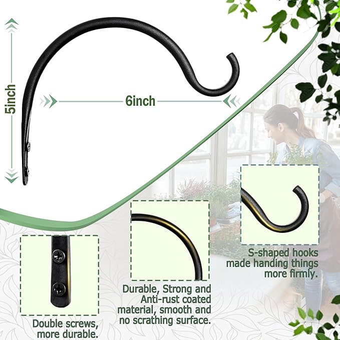 Qiang Ni Hanging Plant Bracket Hooks: 6 Inch Wall Plant Hook Planters and Decor - 2 Piece Rust-Resistant and Secure Brackets Maximize Your Outdoor Living Space