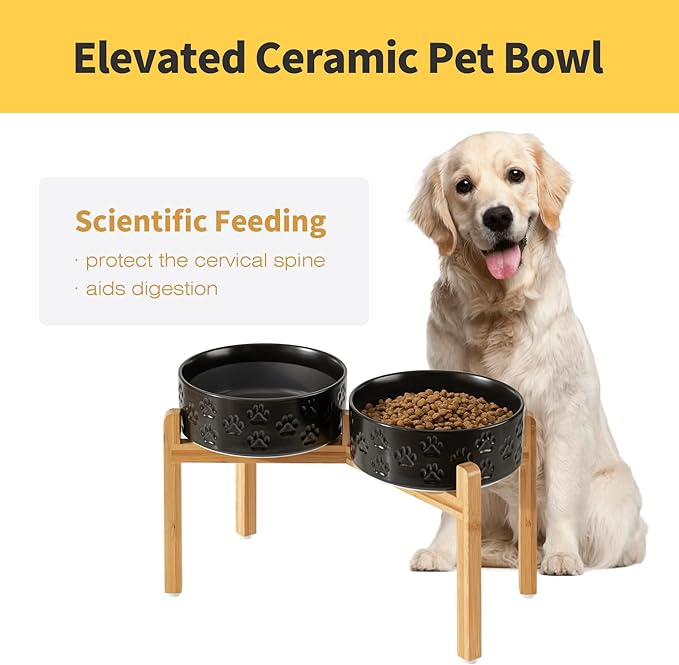 Elevated Ceramic Dog Bowls, 8.3" Food & Water Bowls with Stand, Elevated Dog Dishes for Large Breed Dogs, Microwave Safe, Dishwasher Safe (Double Bowls + Stand - Black, 8 inch)