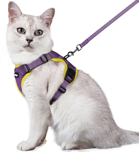 rabbitgoo Cat Harness and Leash for Walking, Escape Proof Soft Adjustable Vest Harnesses for Cats, Easy Control Breathable Reflective Strips Jacket, Purple&Yellow, M