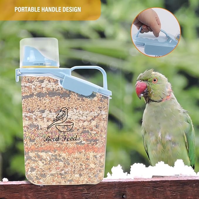 Bird Seed Storage Container Portable-3 Qt/2.8 L Clear Plastic Pet Food Container-with Measuring Cup,Airtight Wild Bird Seed Dispenser for Storing Sunflower Seed|Squirrel proof|BPA Free-Blue