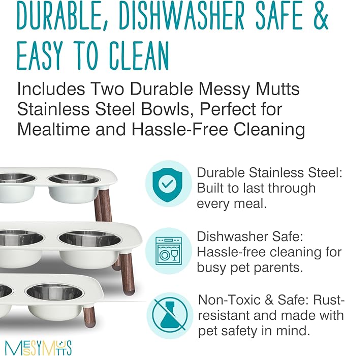 Messy Mutts Elevated Double Feeder with Stainless Bowls | Adjustable Height 3”, 5”, or 10” | Adjustable Standing Feeder for Dogs | 5 Cups per Bowl | Light Grey with Faux Wood Legs