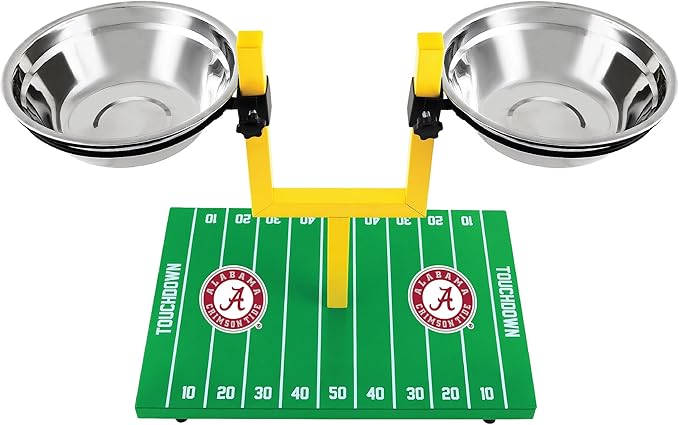 NCAA Alabama Crimson Tide Goalpost Football Field Dog Feeder – Adjustable Elevated Dog Bowls with Stand, 2 Stainless Steel Bowls, Non-Slip Rubber Feet, Raised Pet Feeder for Large & Small Dogs