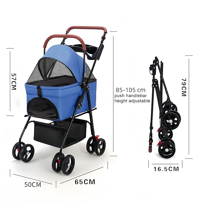 Pet Stroller Pram Dog Carrier Trailer 4 Wheels Foldable Dog with Storage Basket,Holds up to 44 lbs,Adjustable Handle,Folding Travel Stroller Suitable for Traveling with Cats and Dogs (Blue)