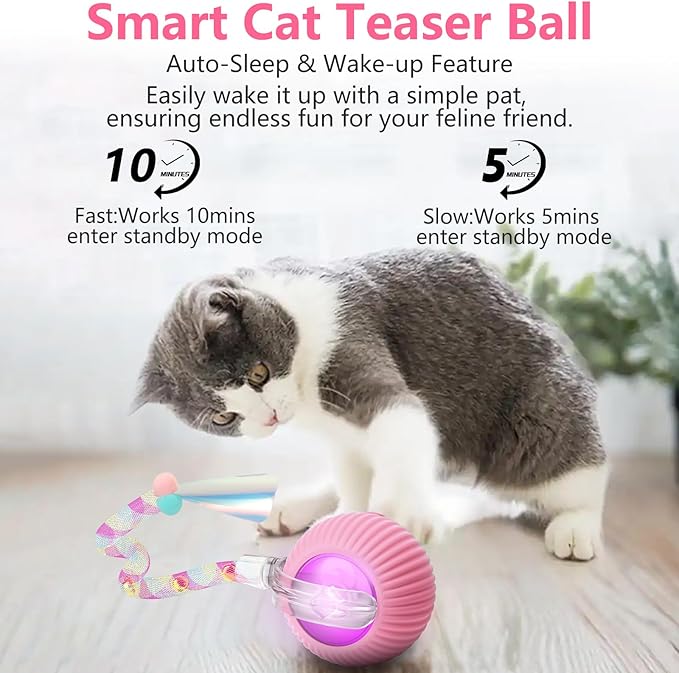 Interactive Cat Toys for Indoor Cats, Interactive Cat Ball Toy with Elastic Mesh Tail, Automatic Cat/Kitten Toys with Chirping & Motion Activate, Cat Toys for Bored Indoor (Pink)