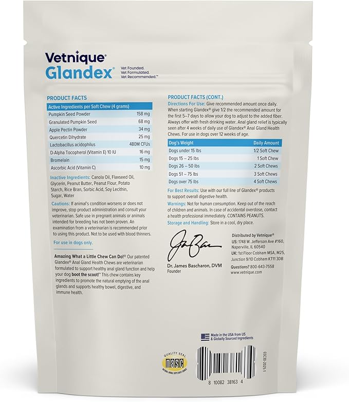 Vetnique Glandex Anal Gland Soft Chew Treats with Pumpkin for Dogs Digestive Enzymes, Probiotics Fiber Supplement for Dogs Boot The Scoot (30ct, Peanut Butter Chews)
