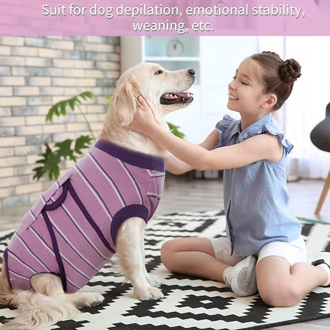 Kuoser Dog Surgery Recovery Suit for Female Male Dogs, Stripes Spay Neuter Anti-Licking Dog Onesie, Abdominal Wounds Surgical Suit Snugly Pet Collar Alternative Post Surgery Vest Bodysuit, Purple 2XL