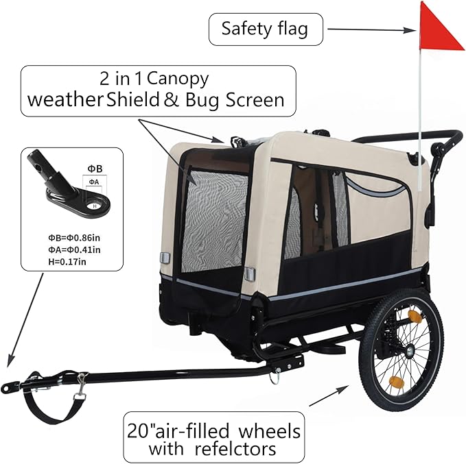 Pet Bike Trailer for Dogs, 88LBS Capacity Dog Bicycle Trailer with 20" Pneumatic Rubber Wheels, Multi-Directional Ventilation, Waterproof Cover, Perfect for Cycling with Pets