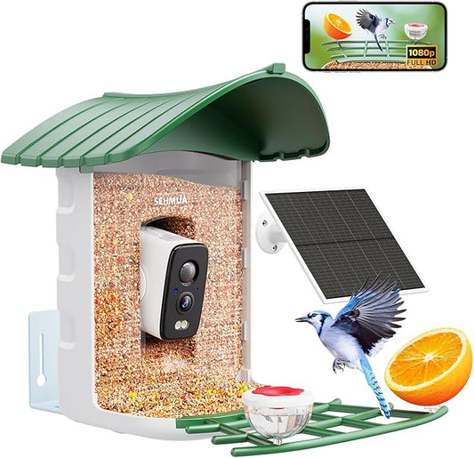 Bird Feeder with Camera, 1 Year Trial AI Identify, Birds Watching Camera with 4 DIY Add-ons, Smart Birds Cam with Solar Panel for Outdoor, Auto Record Videos, Gift for Bird Lover
