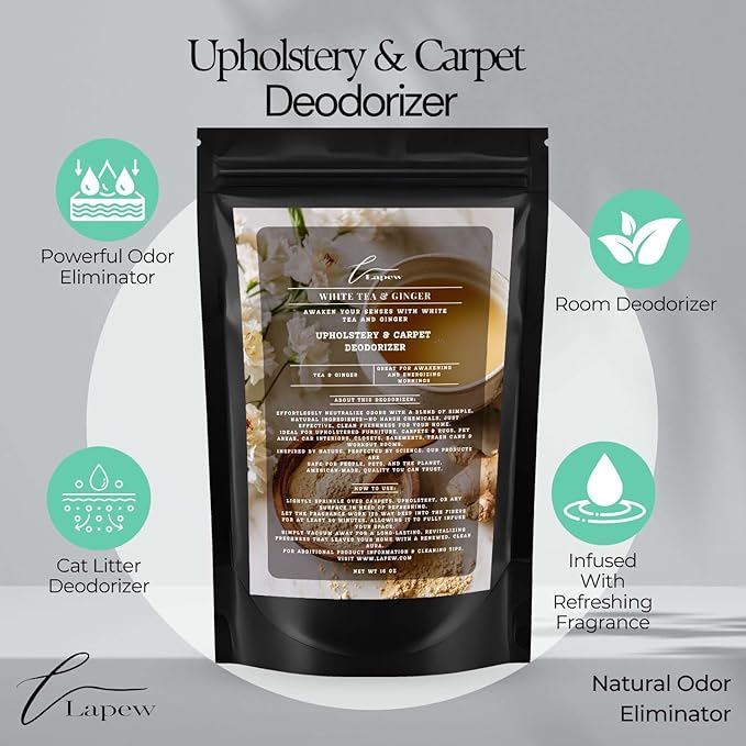 White Tea & Ginger Carpet Freshener Powder: Powerful Odor Eliminator for Home, Upholstery Deodorizer, Carpet Deodorizer, Pet Urine, Cat Litter Box - White Tea & Ginger Fragrance.