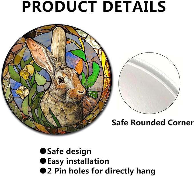 Lygond Metal Sign Tin Sign Circular Stained Glass Rabbit Metal Garden Sign for Pet 12×12 Inches