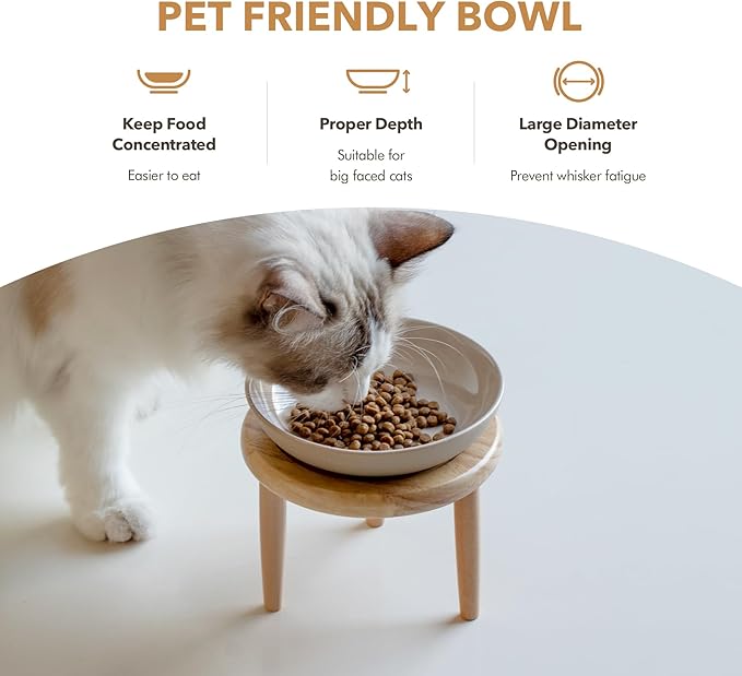 Raised Ceramic Wide Whisker Friendly Cat Dish, Anti-Slip Food&Water Bowl with 2 Style Stand Adjustable Pet Bowl Set (1Dish+Stand, Vintage Latte)