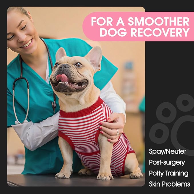 FUAMEY Dog Recovery Suit Male,Dogs Surgery Neuter Suits Puppy Spay Shirts for Female Protect Dog's Skin Anti Licking Abdominal Wounds Doggie Onesie Pet Bodysuit Alternative to Cone Red Stripes L