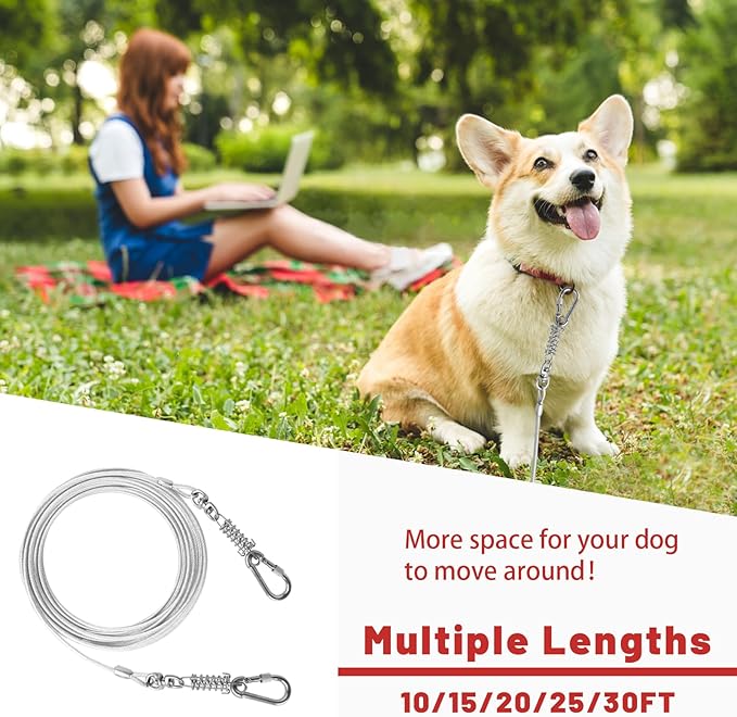 Dog Tie Out Cable - 10/15/20/25/30FT Heavy Duty for Large Dogs Up to 250LBS - Rosy Pink/Blue/Purple/Silver/Red/Green/Yellow