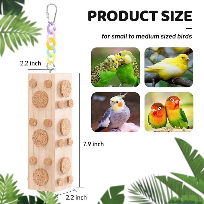 2 Pcs Wooden Bird Chew Toys - 7.9 Inch Hanging Parrot Toys, with 92 Detachable Corks, Relieve Boredom & Anxiety, Foraging Toys, for Parakeet, Cockatiel, Conure, Budgie, Lovebird, African Grey Parrot