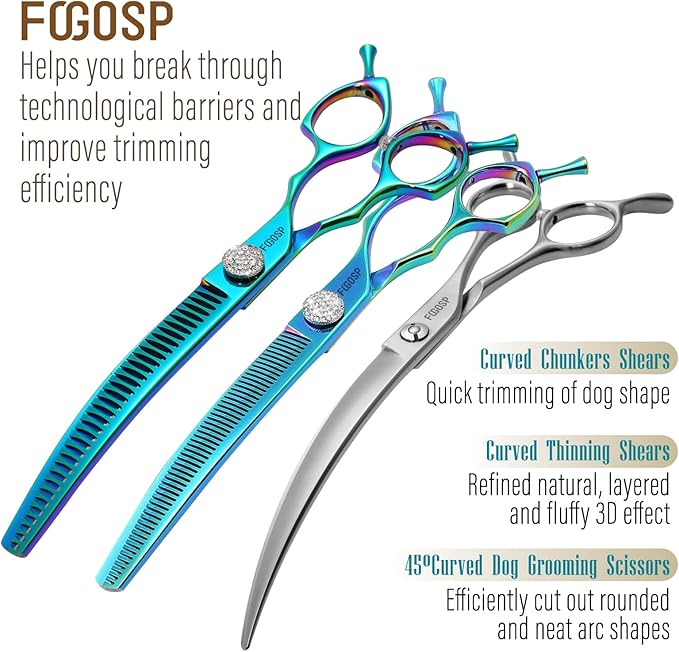 45°Curved Dog Grooming Scissors Curved Thinning Shears Curved Chunkers Dog Shears 3Pcs Combo (Turquoise)
