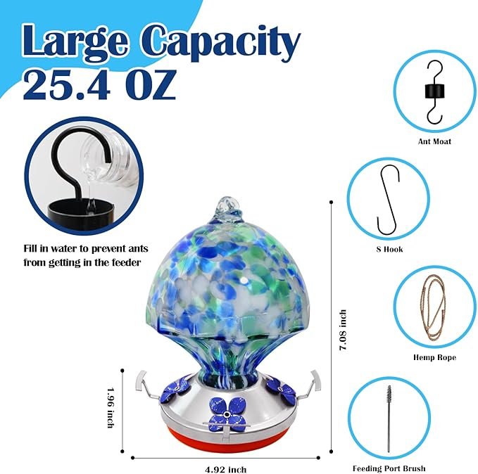 Glass Hummingbird Feeder with Ant Moat 25.4 OZ Large Capacity Hand Blown Glass Blue Hanging Wild Bird Feeder for Backyard Garden Outdoors Decorations with Hook Brush Birds Lovers Gift