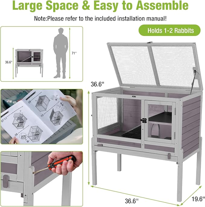 GUTINNEEN Rabbit Hutch Bunny House, 36.6" L Rabbit Cage with Anti Chewing Ramp, Guinea Pig Cage with Cooling Galvanized Sheet, Detachable Legs(Grey)