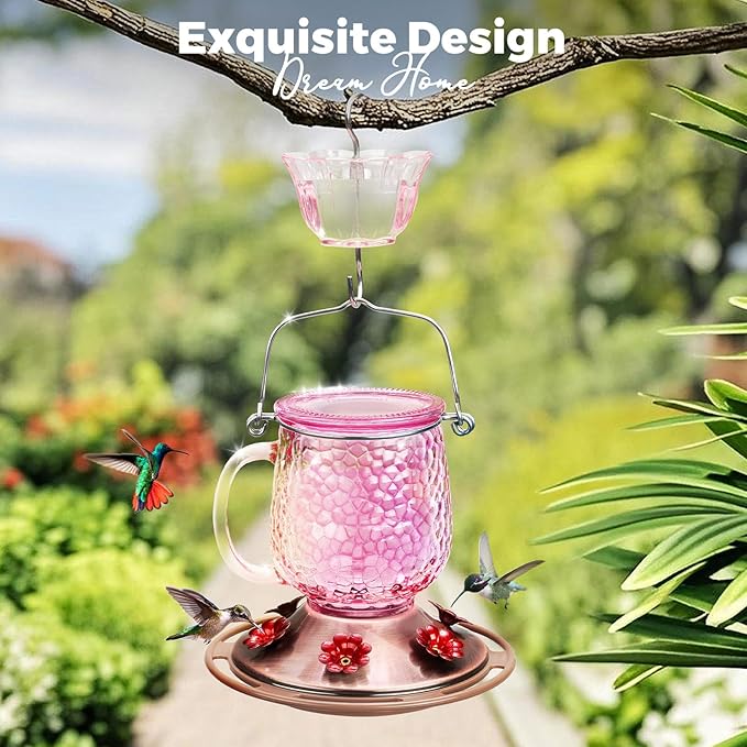 Kingsyard Glass Hummingbird Feeders for Outdoors, 16 Oz Wild Bird Feeder 6 Feeding Ports & Ant Moat Included, Hanging Bird Nectar Feeder for Garden Tree Yard Outside Decoration, Pink
