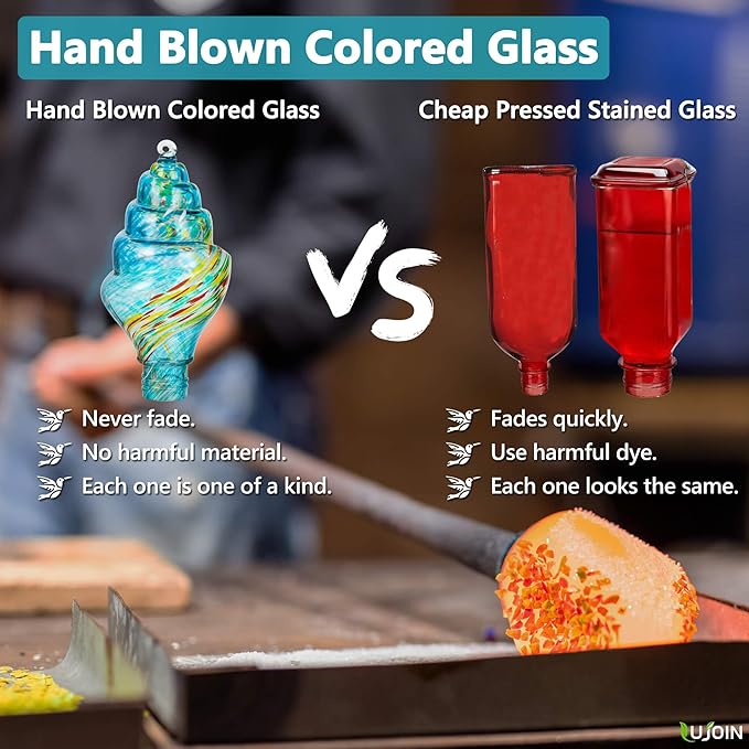 Spiral Shaped Hummingbird Feeder for Outdoors, Hand Blown Glass, 25 fl.oz, Leak Proof & Rustproof, Includes an Ant Moat, Metal Cover with 5 Feeding Ports & 5 Perches, Blue