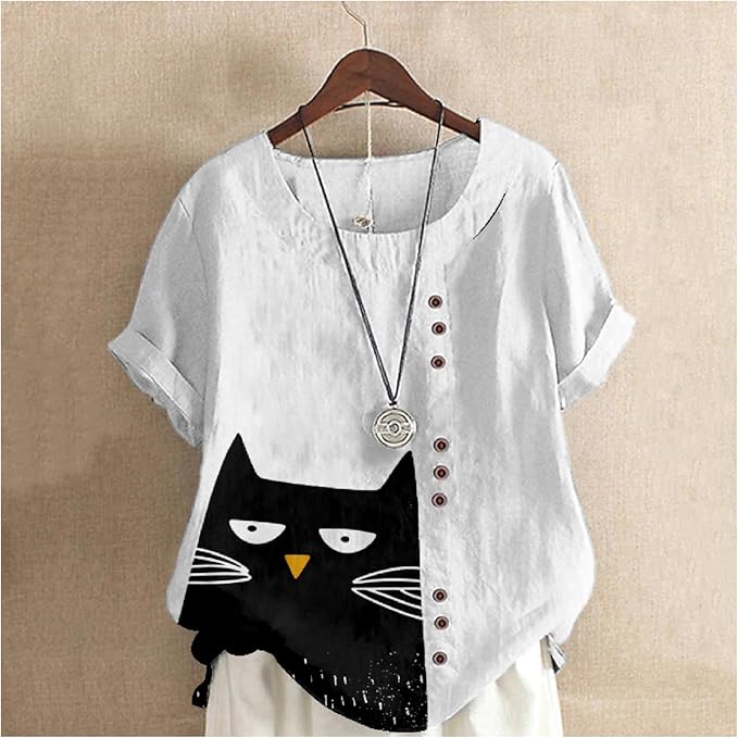 Japanese Print Women Summer Shirts Flower Bird Graphic Plus Size Tunic Tops Crewneck Short Sleeve Blouses