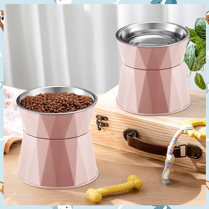 Lallisa 2 Pcs Elevated Cat Bowls Adjustable Raised Cat Feeder Non Slip Food Water with Stand Safe Stainless Steel Bowls with Pet Food Stand for Pets Feeding Eating(Pink)