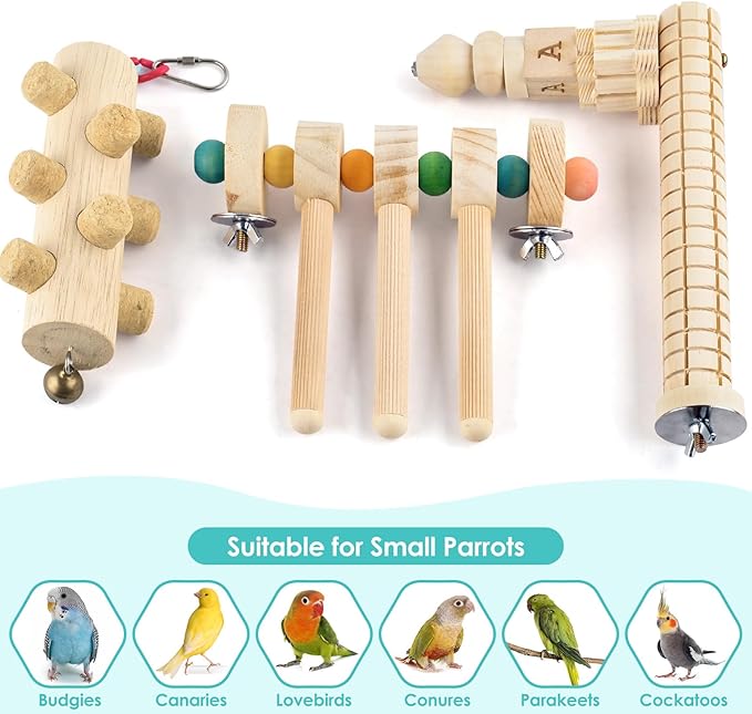 3pcs Natural Wood Bird Chewing Toys, Parrot Rotating Perch Stand, L-Shaped Perches with Chew Block, Hanging Cork Stopper Toys, Bird Cage Accessories for Parakeets Cockatiels Conures Lovebirds