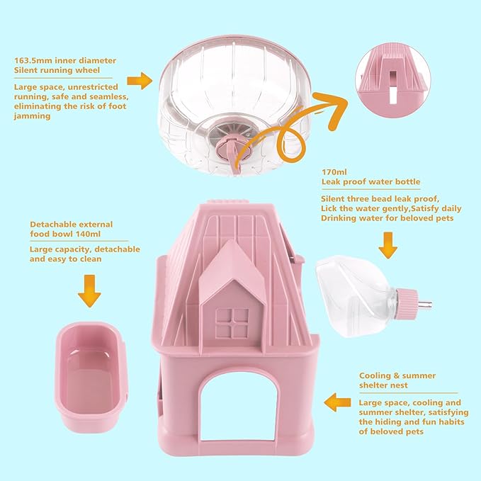 4 in 1 Silent Large Hamster Wheel Multifunctional Hamster Running Wheel Quite Running Spinner Wheel Accessories with Food Bowl Water Bottle for Hamsters Dwarf Gerbil (Pink)