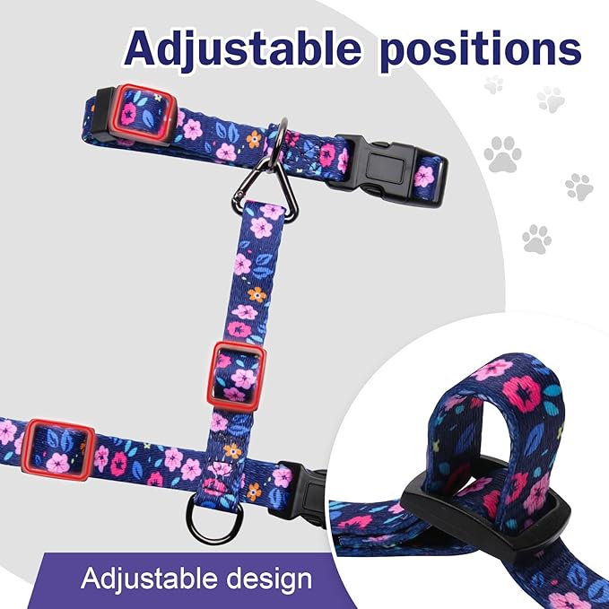 Hikiko Cat Harness and Leash Set Escape Proof Adjustable Walking Travel Cute Kitten Harness for Small Medium Large Cats (Navy Blue Floral, S)