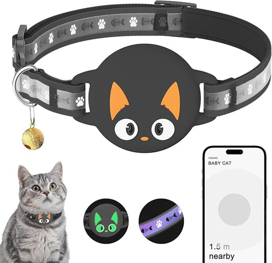 Airtag Cat Collar Breakaway, Reflective Kitten Collar with Apple Air Tag Holder and Bell for Girl Boy Cats, Lightweight Cat Collars for Apple AirTag, Hidden GPS Tracker Holder for Cats, Black (9-13")