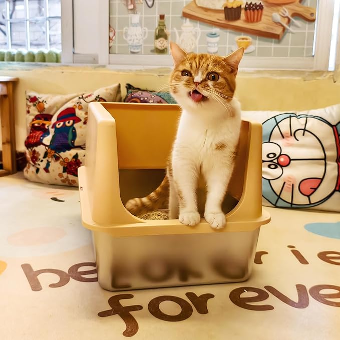 Stainless Steel Cat Litter Box, Metal Litter Box with Lid, 14" Extra Large Litter Boxes for Big Cats, High Sided Beige Cat Box Enclosure Blends with Home Decor, Non-Sticky, Anti-Leakage, Easy Clean