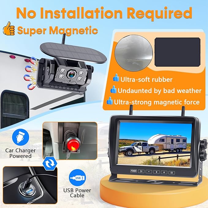 Dual RV Backup Camera Wireless with Magnetic - Recording 1080P HD Solar Rear View Camera Install-Free 7 Inch Touch Button Monitor No-Delay Signal for Truck Trailer YWD-902