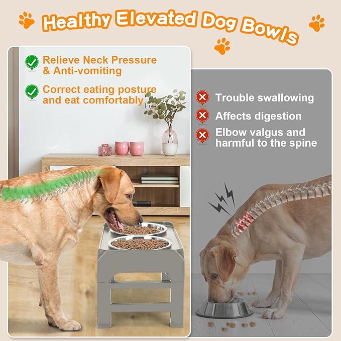 Elevated Bowls, 4 Height Adjustable Raised Stand With 2 Thick 50oz Stainless Steel Food Bowls, Non-Slip Feeder for Dogs, Adjusts to 3.7", 9.2", 10.75", 12.36" Light Brownish Gray