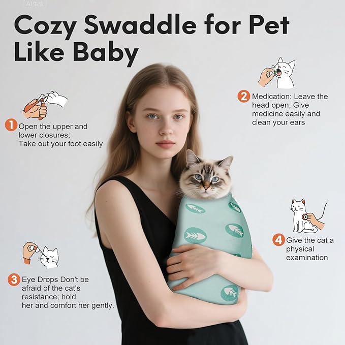 Cat Wrap for Cutting Nails, Self-Adhesive for Grooming, Anti-Scratch Cat Swaddle Wrap for Medicine, Nail Clipping, Teeth Brushing, Ear Cleaning