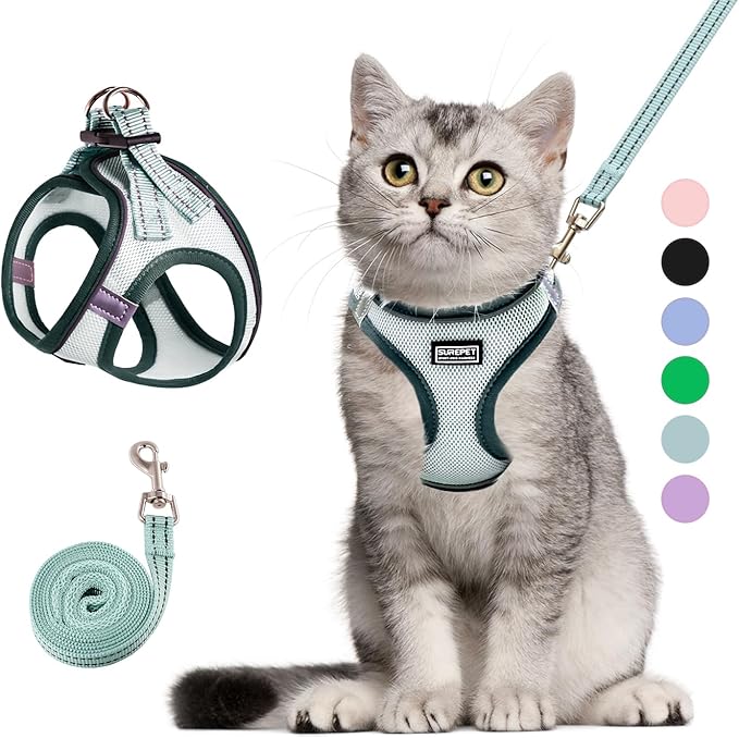 Cat Harness and Leash Set, Soft and Breathable Vest with Reflective Strip, Escape Proof Kitten Harness, Easy to Wear for Cats Walking and Traveling (Light Green, S)