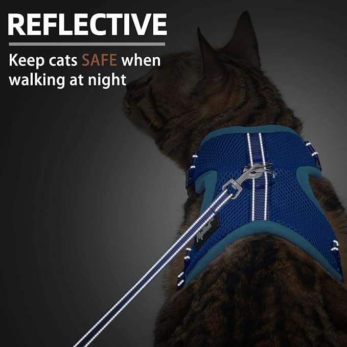 PUPTECK Cat Harness and Leash Set Escape Proof, Reflective Adjustable Soft Mesh Kitten Vest Harness for Walking Travel, Navy Blue, S