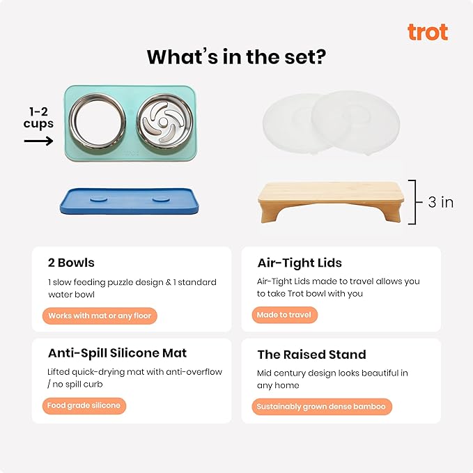 Trot Pets Elevated Dog Bowls | Stainless Steel Raised Bowl Set for Small, Medium, or Large Dogs | Non-Slip Food and Water Slow Feeder | Durable, BPA-Free, Anti-Skid, Dishwasher Safe (Slate, Small)