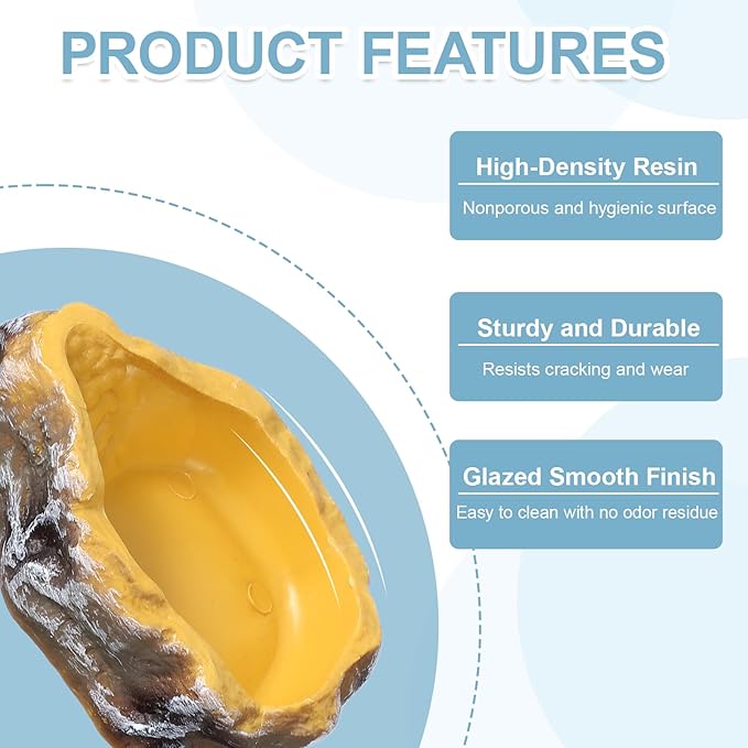 Reptile Food Bowl, Reptile Feeding Dish Corner Bowl Water Resin Rock Worm Feeder Dish m (7.1 in, Yellow), Intended for Lizards/o/Scaled Pet/Leopard o/Spiders