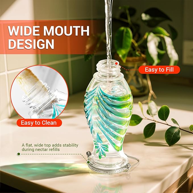 Hummingbird Feeder for Outdoors, 24oz Glass Nectar Feeder with Perch & 5 Flower Feeding Ports, Leakproof Hanging Bird Feeder for Garden Yard Decor, Outside Gifts for Women & Mom, Sky Blue