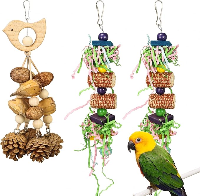 Bird Toys 3 Pack Parrot Toys Natural Bird Cage Accessories Shredded Foraging Supplies Suitable for Parakeets, Cockatiels, Conures, Lovebirds and Most Small to Medium