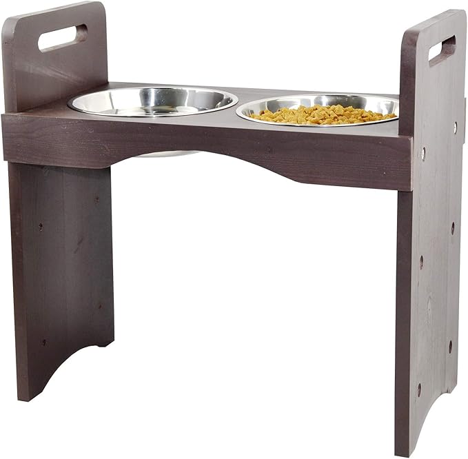 Spirtro Elevated Dog Bowls Station- Adjustable to 3 Heights, 3”, 8”, 12”, Raised Pet Stand Feeder, Double Stainless Steel Food and Water Dishes for Small to Middle Dogs Cats, Solid Wood- Dark Brown