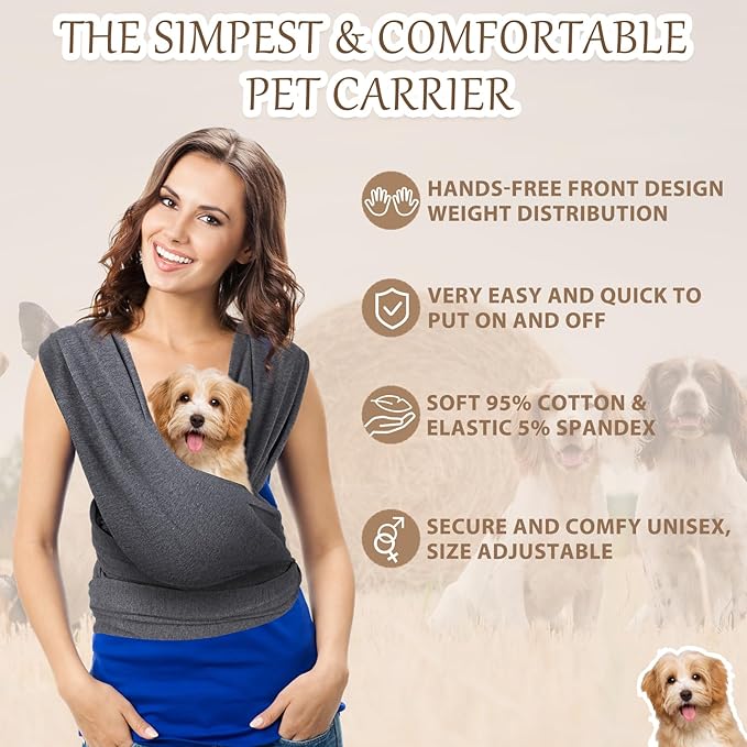Cat Sling Carriers, Front Facing Dog Sling, Cat Wrap Carrier Chest, Hands Free, Size Adjustable, Soft Cotton, Swaddle Bag for Outdoor(Grey)