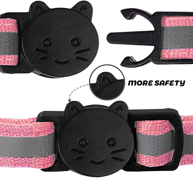 BANMODER 2 Pack Reflective Cat Collar Breakaway with Bell,Personalized Kitten Collars,Adjustable Safety Buckle Collar for Male Cats Girls & Boys (Pink)