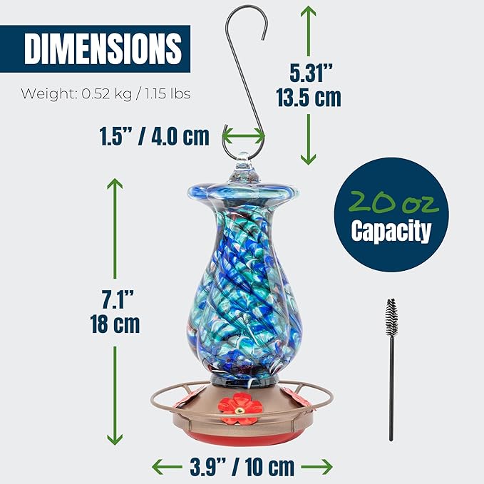 MEKKAPRO Hummingbird Feeders for Outdoors Hanging Glass 20oz, Decorative Feeder with Blown Stained Waterdrop Glass Design for Outdoors and Backyard, Easy Fill with 4 Nectar Feeding Flowers (Blue)