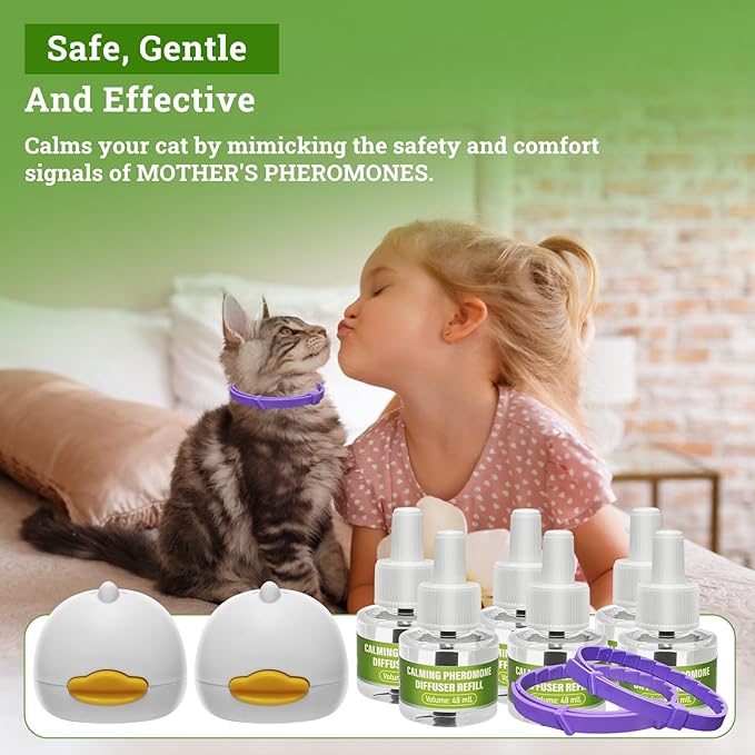 2 Diffusers& 6 Refills +2pcs Calming Collar Cat Calming Diffuser, Plug in Diffuser Cat Pheromone Calming Diffuser Starter Kit Helps Ruduce Anxious, Anti-Stress & Comforts Cats
