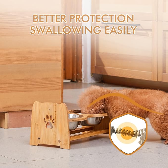 X-ZONE PET Elevated Dog Bowls for Cats and Dogs, Adjustable Bamboo Raised Dog Bowls for Medium Dog, Food and Water Set Stand Feeder with 2 Stainless Steel Bowls and Anti Slip Feet (Height 4.7" to 7")