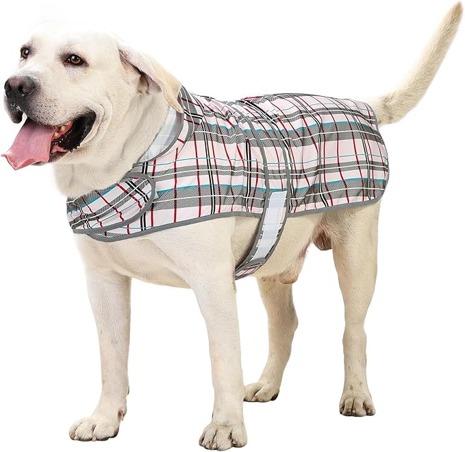 Dog Rain Coat for Large Dogs Waterproof Hooded Rain Jacket with Reflective Strips Leash Hole & Poncho Adjustable Fit (Plaid,XXL)