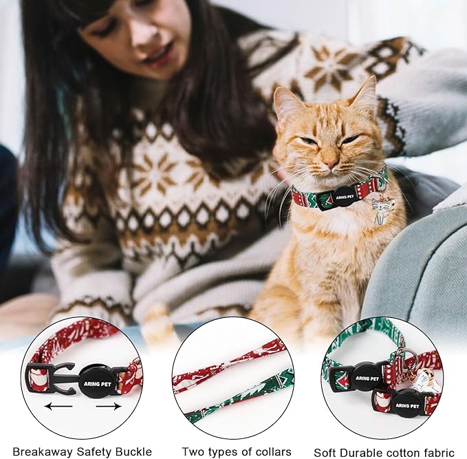 ARING PET 2 Pack Christmas Cat Collars-Cute Cat Collar Breakaway with Bell&Pendant, Adjustable Red Green Kitten Collars with Safety Buckle for Girl and Boy Cats