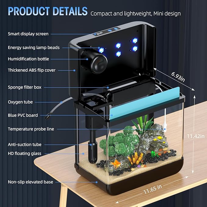 Fish Tank 2.2 Gallon Fish Bowl with Humidifier 7 Color Auto-Looping Light 3 in 1 Quiet Pump with Filteration & Oxygenation & Circulation, Temperature Display, HD Float Glass, Thickened Base