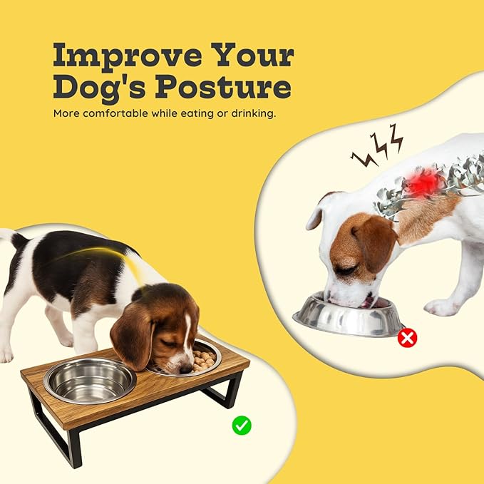 Elevated Dog Bowls, Small-Med 5 Height Mango Wood Raised Dogs Bowl Iron Stand with 2 Pcs 32oz Stainless Steel Pet Dishes | Food & Water 4Cup/0.95L Capacity Nonslip Cats Feeding Station