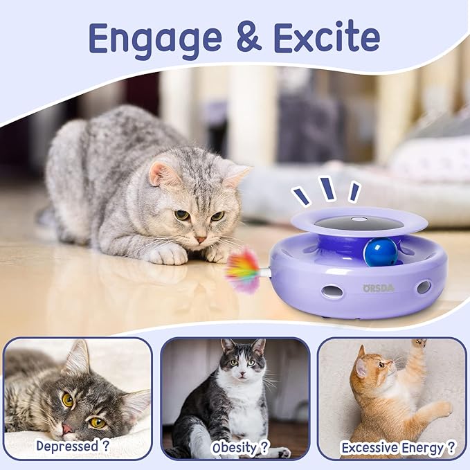 ORSDA Cat Toys, 2-in-1 Interactive Cat Toys for Indoor Cats, Automatic Cat Toy Balls, Mice Toys Ambush Feather Kitten Toys with 7pcs Attachments, Dual Power Supplies, Adjustable Speed, Auto On/Off